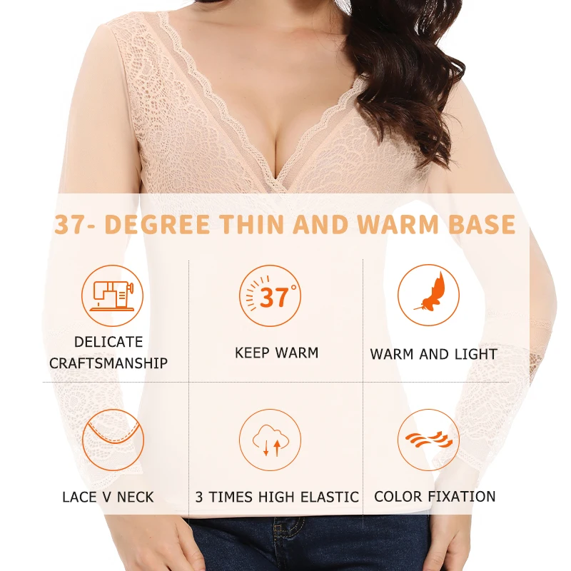 Thermal Underwear Lace V Neck Thermo Lingerie Women Winter Clothing Warm Top Inner Wear Thermal Shirt Undershirt Intimate