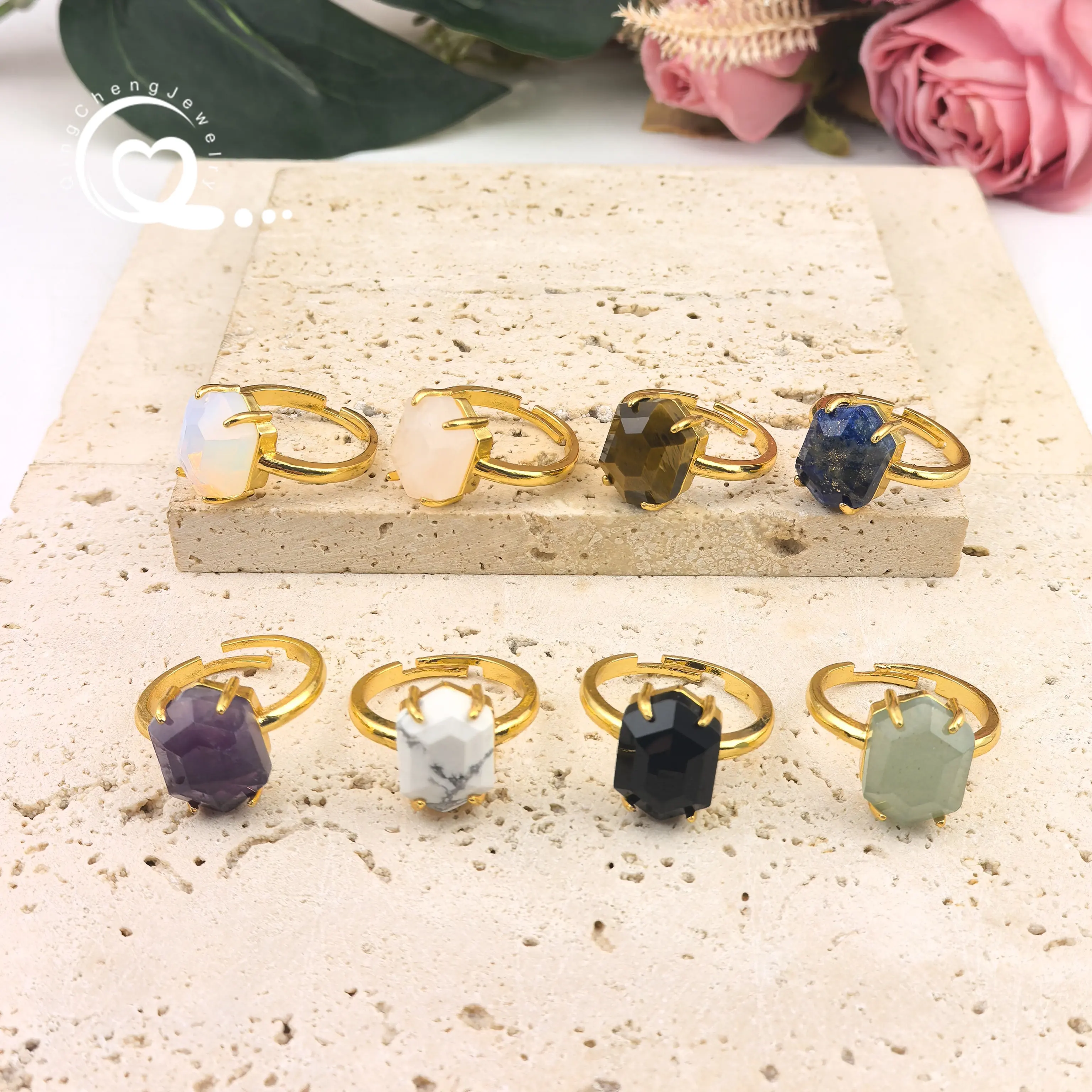 

Faceted Lapis White Turquoise Rings Natural Tiger eye Aventurine Amethyst Quartz Adjustable Finger Ring Fashion Jewelry,QC4234