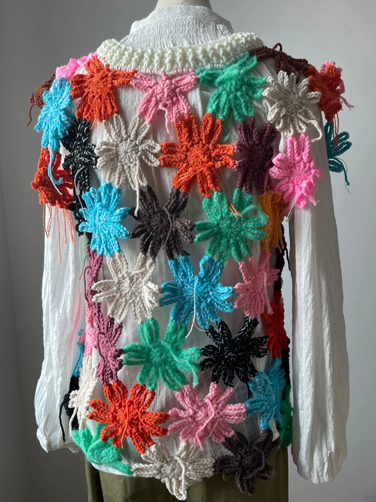 Handmade Crochet Floral v-neck Vest 2024 Women Niche Design Chic Hollow-out Colorful Sweater Outfit Women Clothes