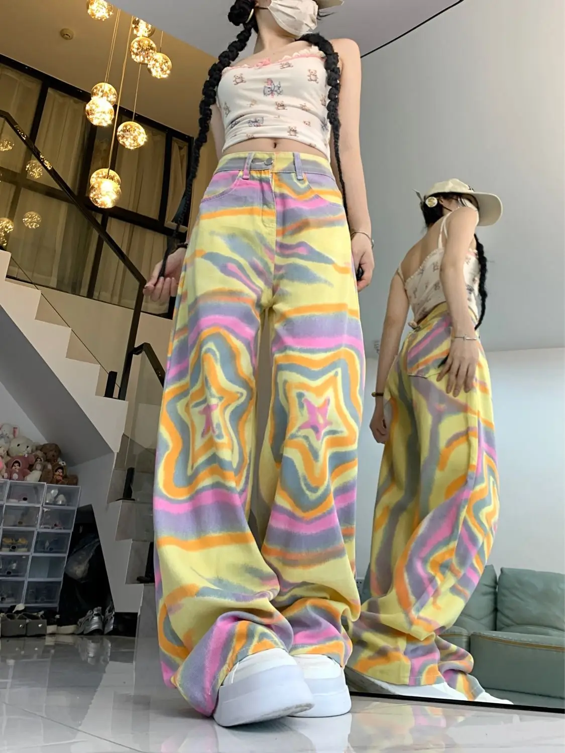 Vintage American Fashion Star Jeans For Women Hip Hop Colorful High Wide Leg Korean Style Loose Baggy Jeans Woman