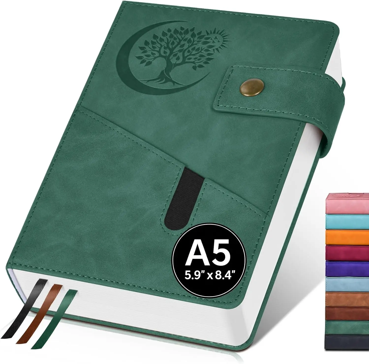 

A5 Leather Lined Journal Notebook, 5.9"x8.4" 366 Pages 100GSM College Ruled Hardcover Diary with 3 Ribbon Bookmarks, Brass Snap & Front Pocket, Journals for Writing Work Travel