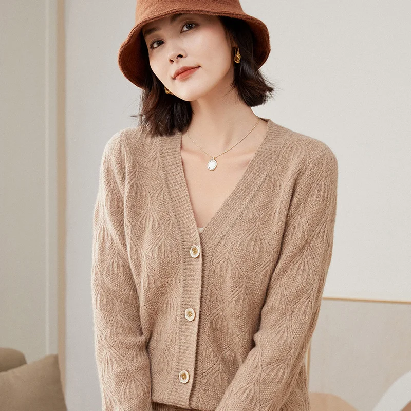 

Spring Autumn Women’s V-neck Pure Colors Cardigan 100% Merino Wool Hollow Twist Flower Cashmere Sweater Female Casual Coat Top