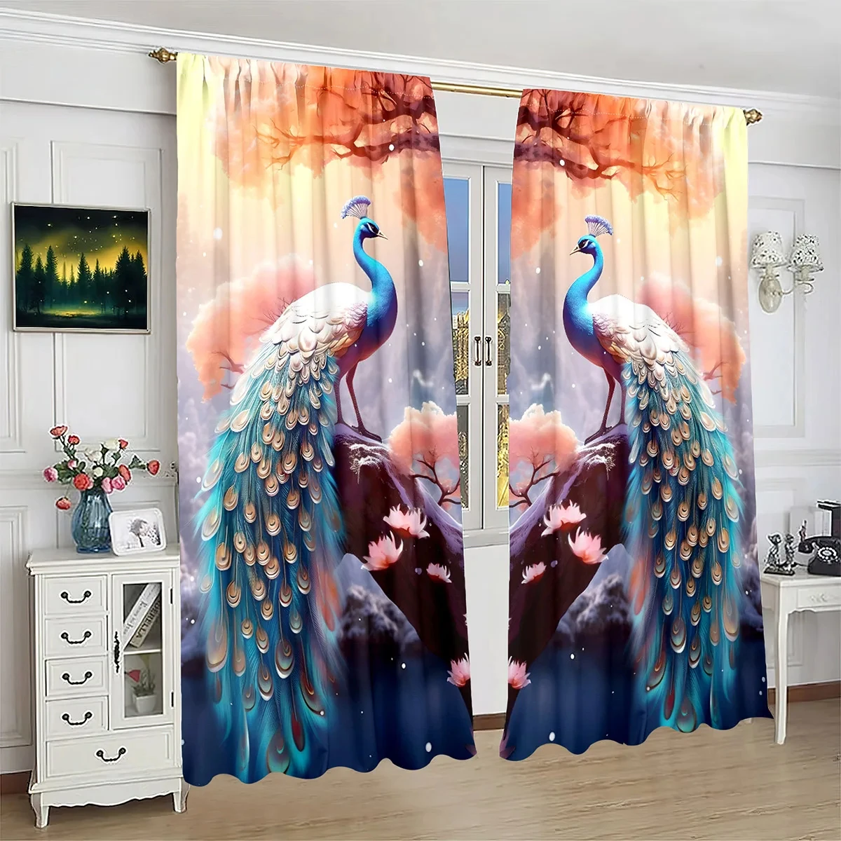 2-piece Peacock Decorative Art Filter Curtain Digital Printed Curtain,Suitable for Living Rooms, Bedrooms, Offices, Kitchens