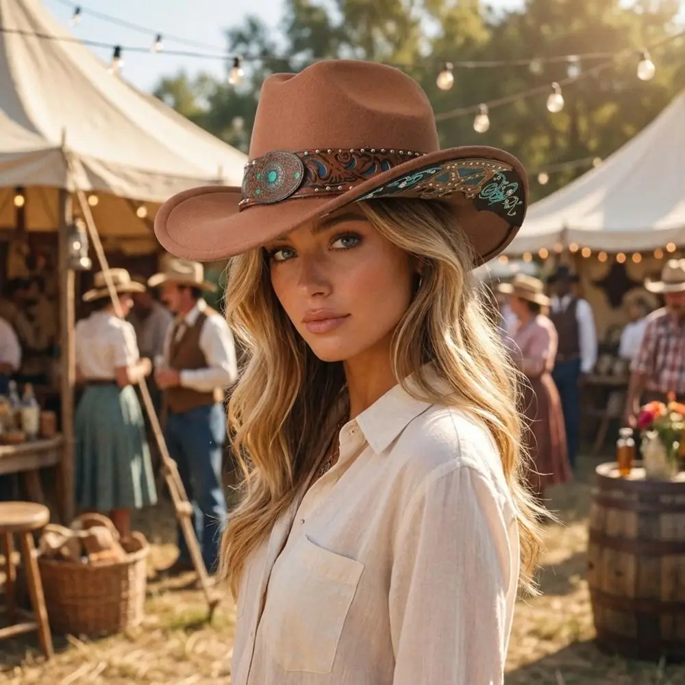 Dress Up Western Cowboy Hat Turquoise Decor Bohemian Ethnic Style Fedora Hat Embossed Wide Brim Top Hat