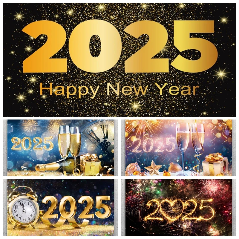 2025 Happy New Year Backdrops Photography Fireworks Champagne Carnival Party Background Family Photo Photographic Photo Studio