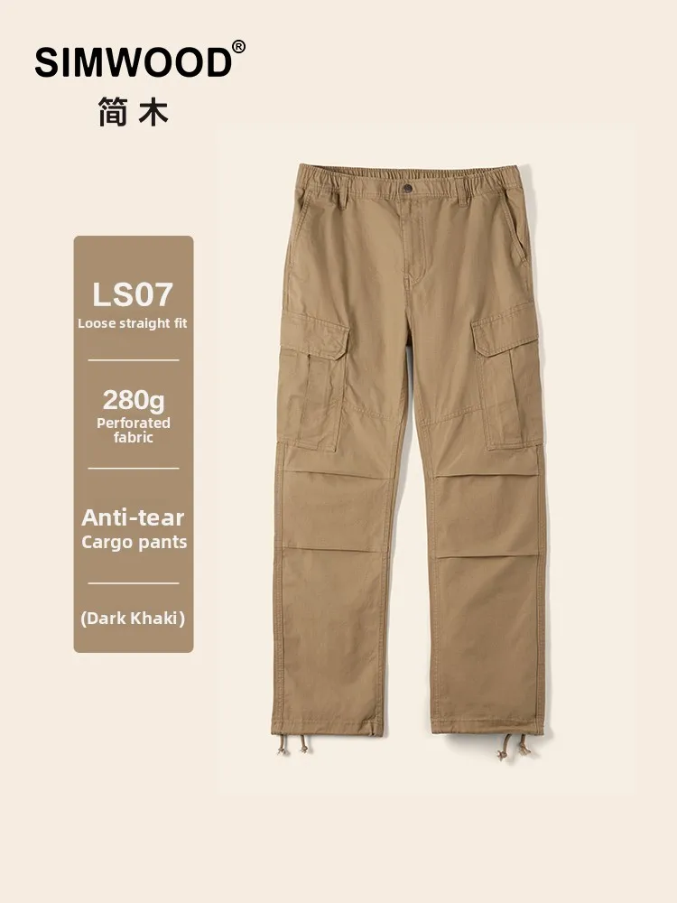 SIMWOOD Loose Straight Leg LS07 Men's Workwear Cargo Pants Anti-Tear Diamond Sails Pattern Mid-Low Waist Button Fly Casual Tr...