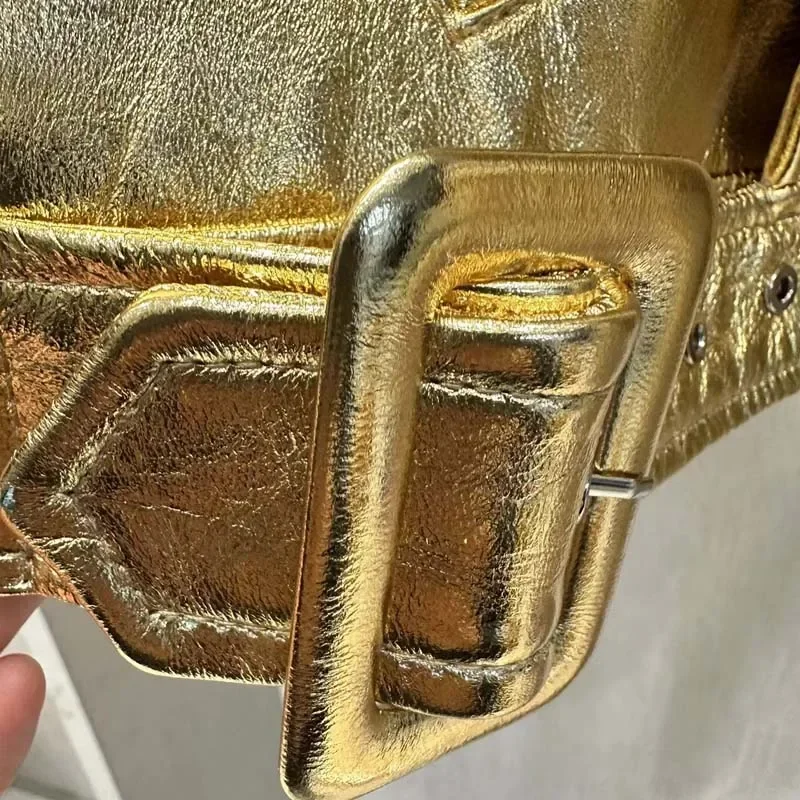 Giacca da donna in vera pelle dorata, manica corta con spalle scoperte, colletto rovesciato, cappotto alla moda primavera autunno