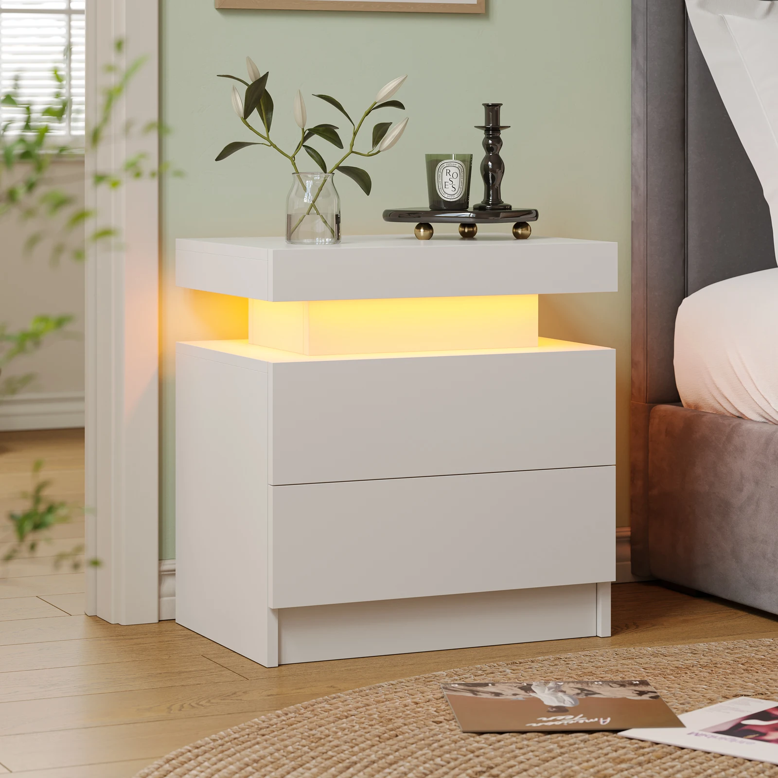 Cubehom LED Bedside Table with 2 Drawers Modern Bedside Table LED Nightstands for Bedroom