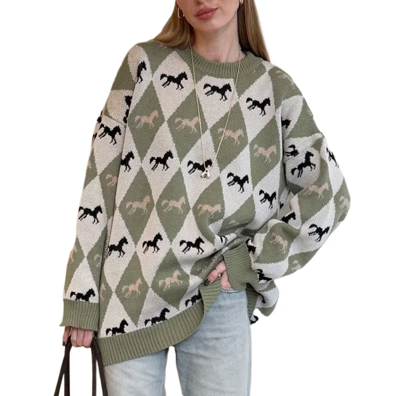 

Geometric pattern tops round neck wool sweater women loose pullover