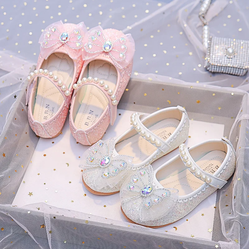 

Kids'Casual Shoes Bow Crystal PU Leather Spring Shoes For Girls Soft Bottom Anti-slip Hook and Loop White Pink Shoes Size 26-36