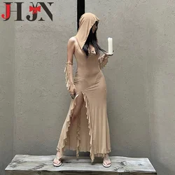 JHJN Sexy Woman Long Skirt High Fork Solid Frock Bag Buttocks Mesh Vestido Ruffled Hooded Dress Khaki Personality Female Gown