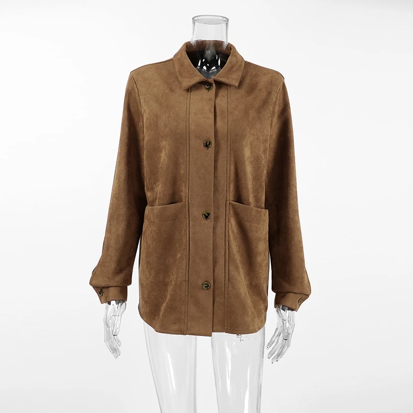 Chaqueta de traje informal suelta de gamuza de estilo británico, chaqueta de manga larga de un solo pecho, solapa de Color sólido, marrón, moda de otoño