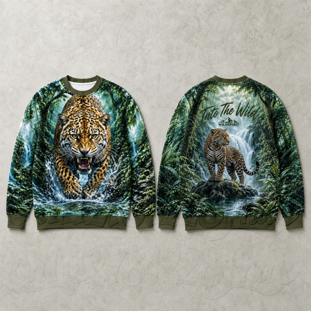 3D Wild Animal Forest Nature Print Long Sleeve Crewneck Sweatshirt Parent-Child Vintage Harajuku Style Christmas Pullovers Tops