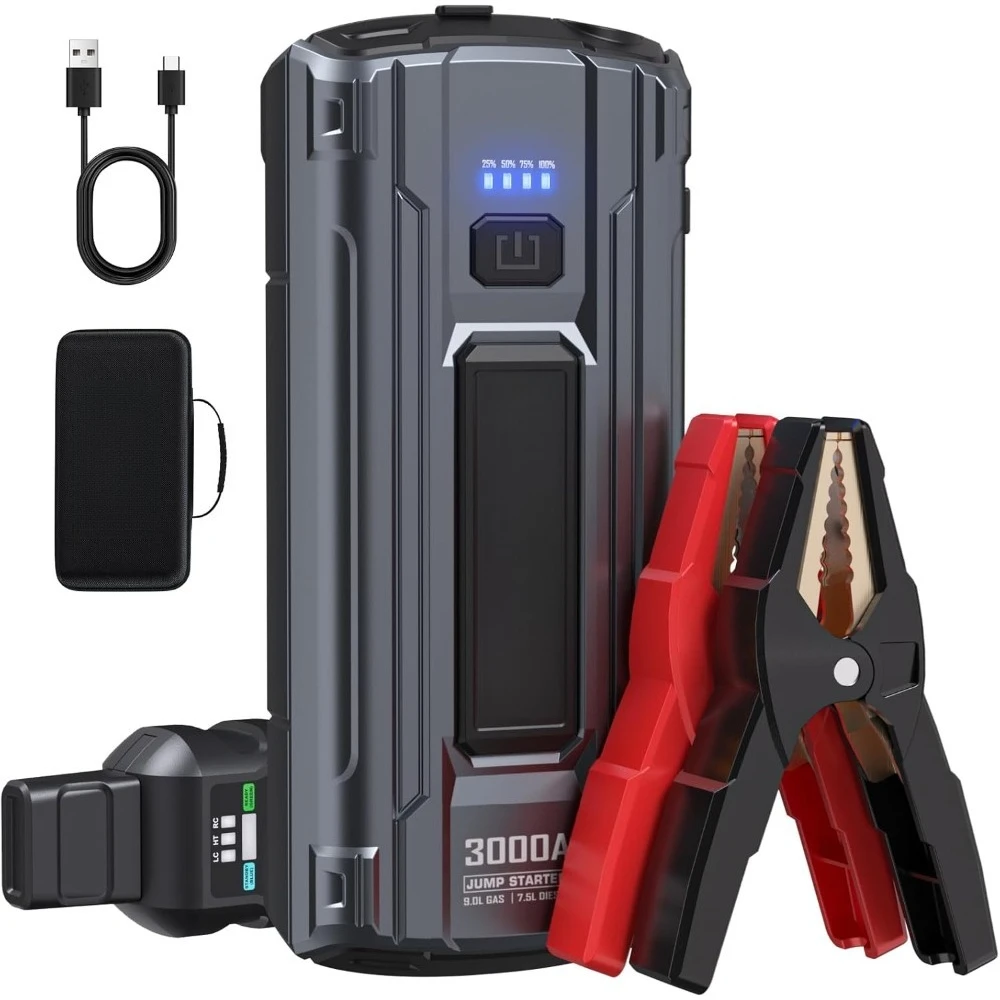 

3000A Peak Car Jump Starter для 9,0 л газового двигателя, 7,5 л, усилитель аккумулятора 12 В со светодиодной подсветкой, двойное хранилище USB