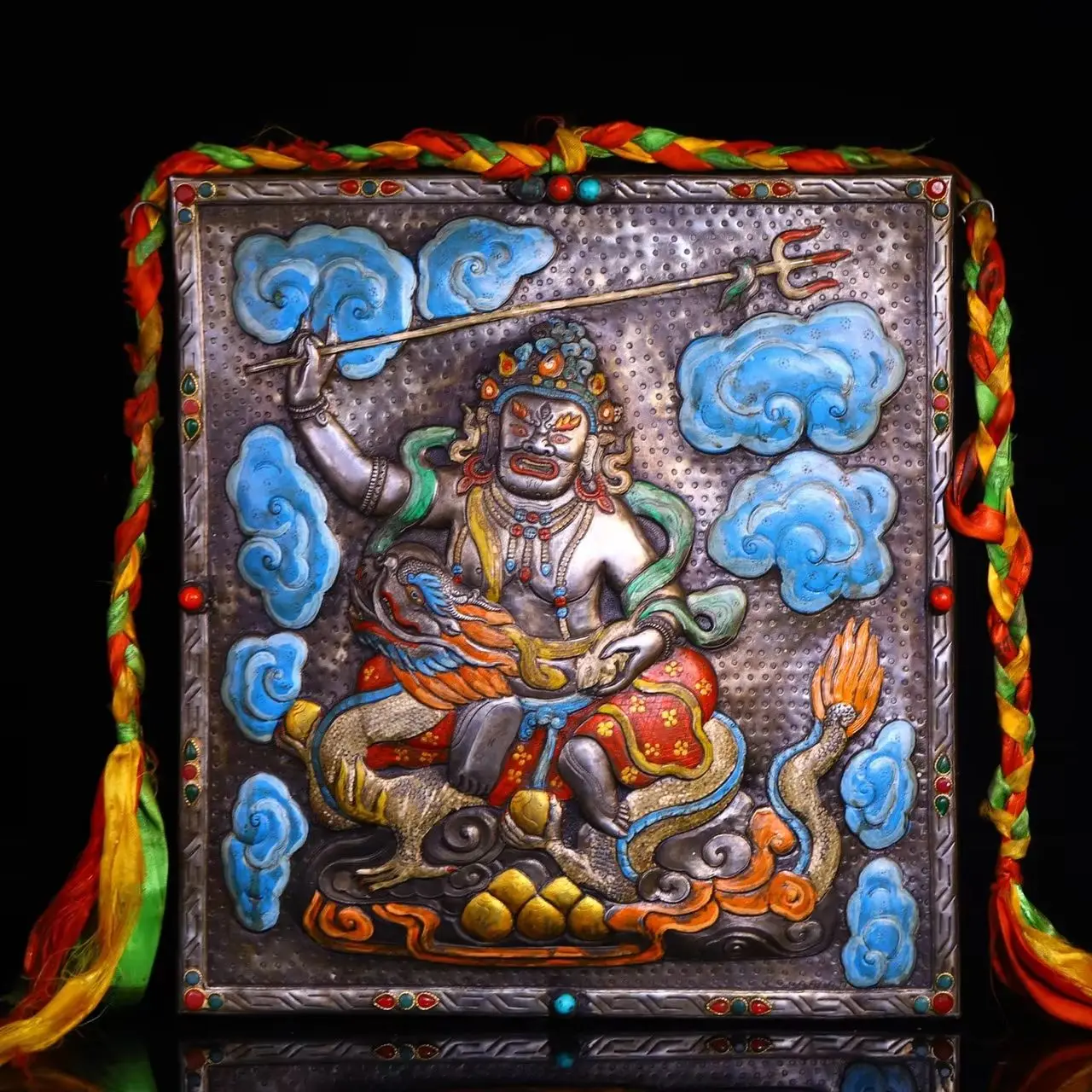 

14"Tibetan Temple Collection Old Tiantie Painted Mosaic Gem Auspicious Eight White Jambhala Sitting Buddha Thangka Worship Hall