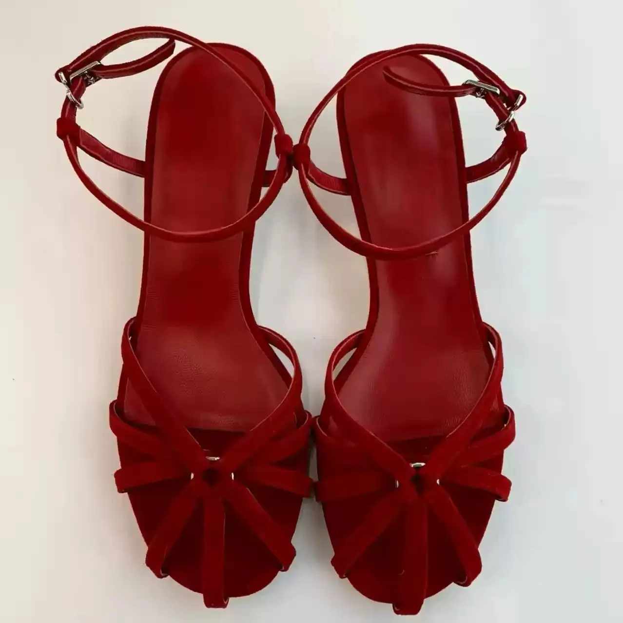 Women's Elegant Red Strappy Block Heel Sandals Hollow Out Knotted Design Ankle Buckle Strap Open Toe Shoes Chic Comfy Footwear