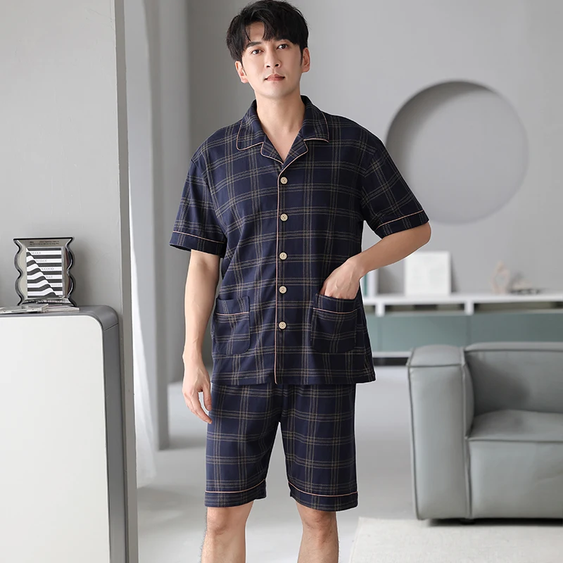 Summer M-4XL 100% Cotton Men Pajama Set Short Sleeve Plaid Pijama Turn-down Collar Sleepwear Short Tops+Short Pants 2Pcs Set