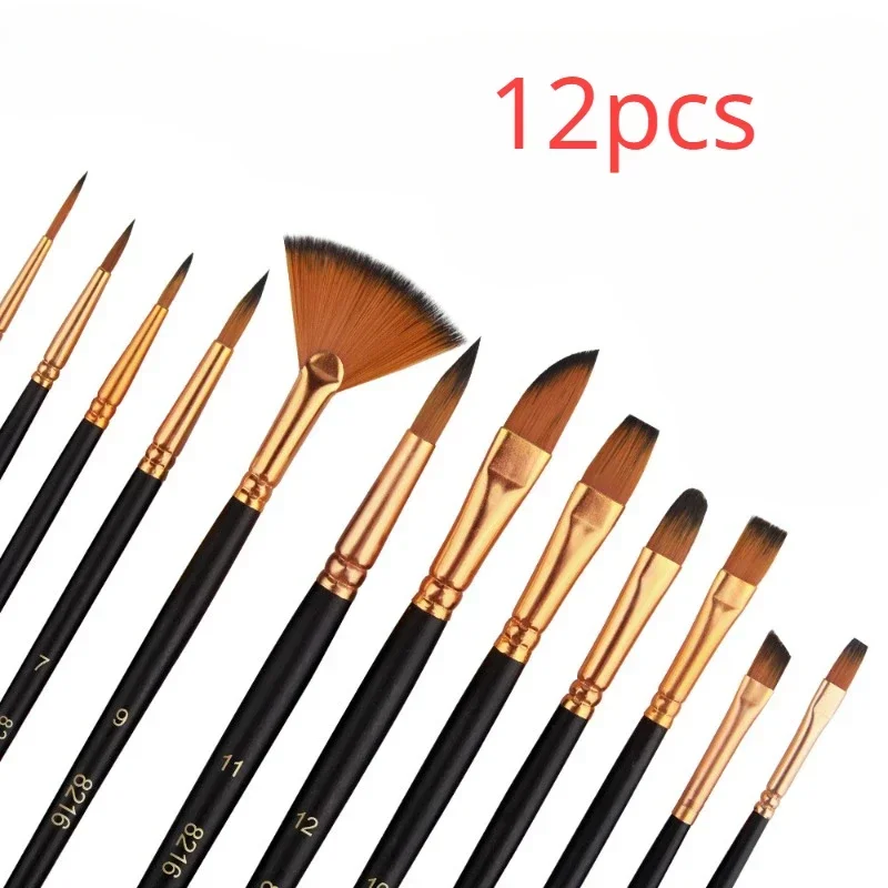 12 PCS Nylon Bristle Brush Set, Nylon Flat Brushes, Watercolor Brushes, Oil Paint, Artists, Amateur Acrylic Painting