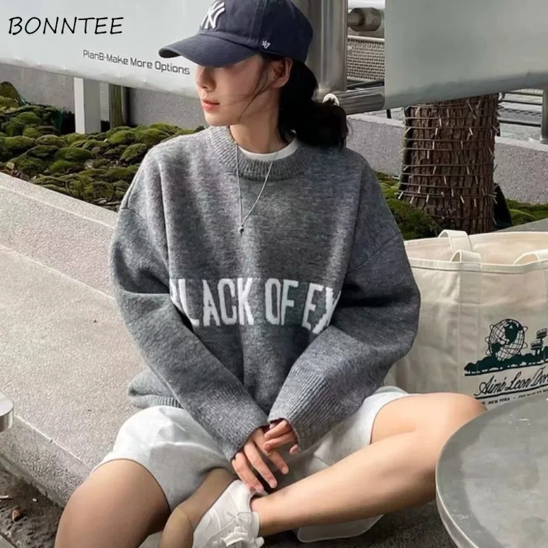 

Вязаные пуловеры, женские повседневные мешковатые свитеры с надписью, уличная одежда, универсальные индивидуальные для возраста, для девочек, теплая зимняя одежда Ulzzang