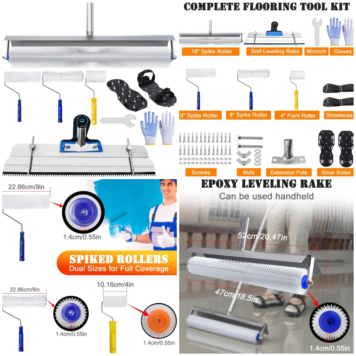 

18-Inch & 9-Inch Spiked Roller Kit, Epoxy Floor Tools, Grey, 4-Piece Set with Scraper