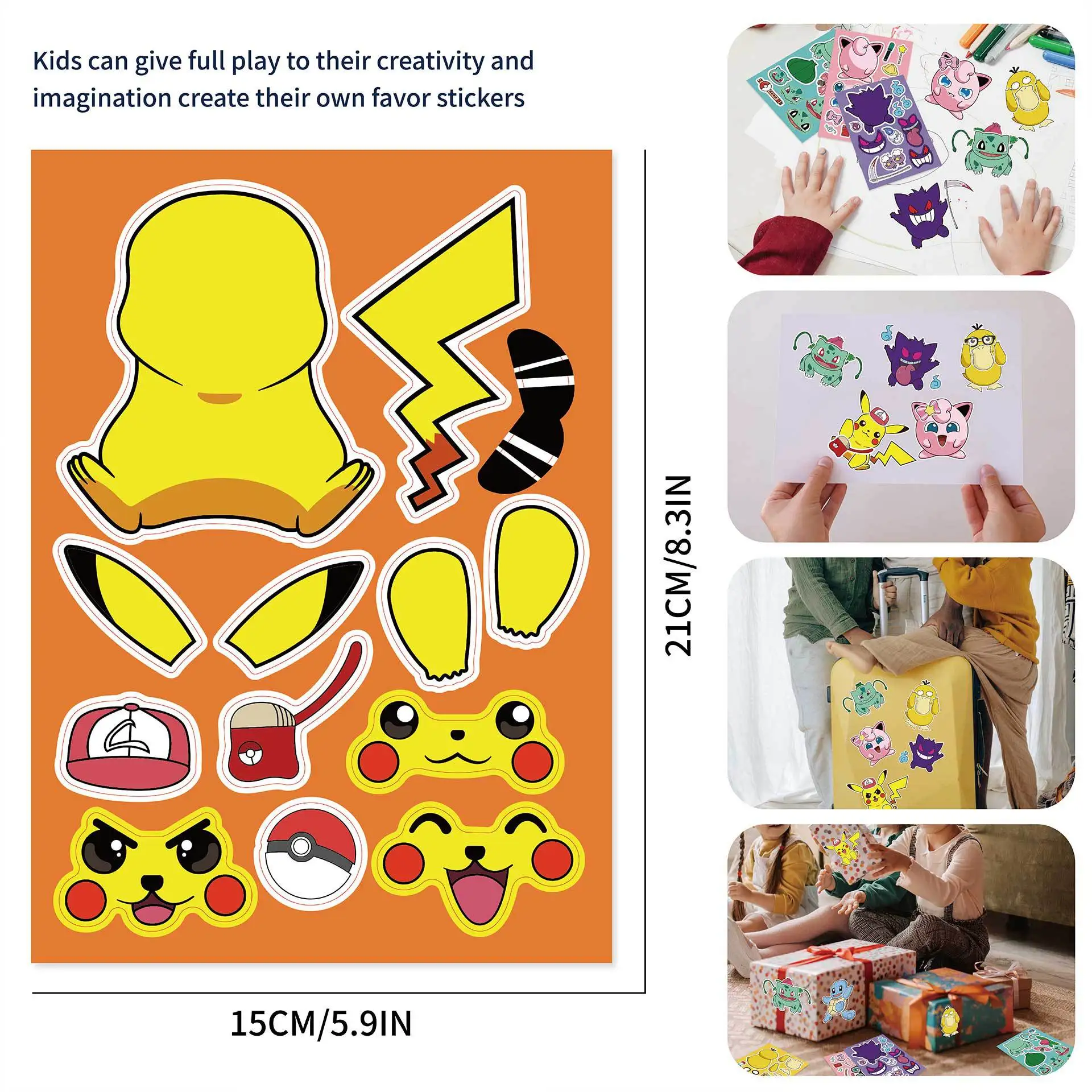 6/12sheets Pokemon Puzzle Stickers Make a Face Sticker Kids Toys Cute Pikachu Gengar Decals Gift  Decoration Anime Graffiti Toy