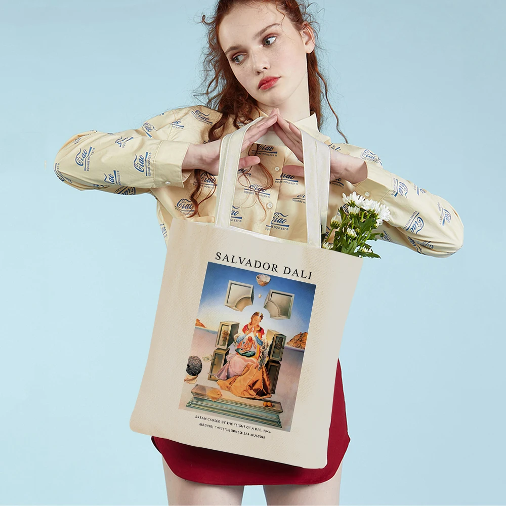 Salvador Dali Surrealism Cubism Exhibition Shopper Bag Tote Lady Handbag Double Print Reusable Casual Canvas Women Shopping Bags