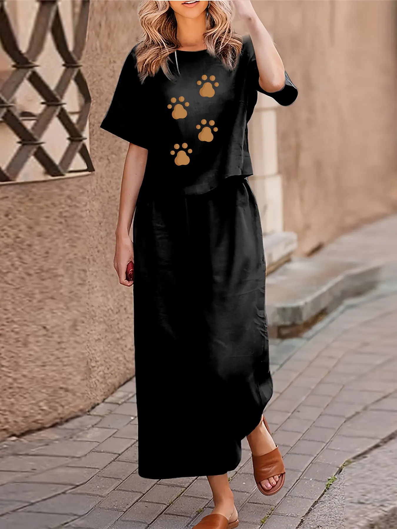 プラスサイズ レディース カジュアル ツーピースセット スーツ プリント 半袖Tシャツ パンツ ツーピースセット ルーズ クルーネック