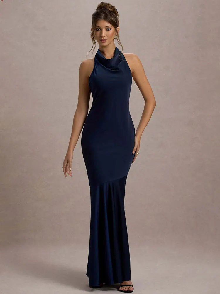 GACVGA エレガントなホルターマキシドレス女性のための 2025 夏スイング襟背中の開いたセクシーなボディコンクラブパーティーロングフィッシュテールドレス