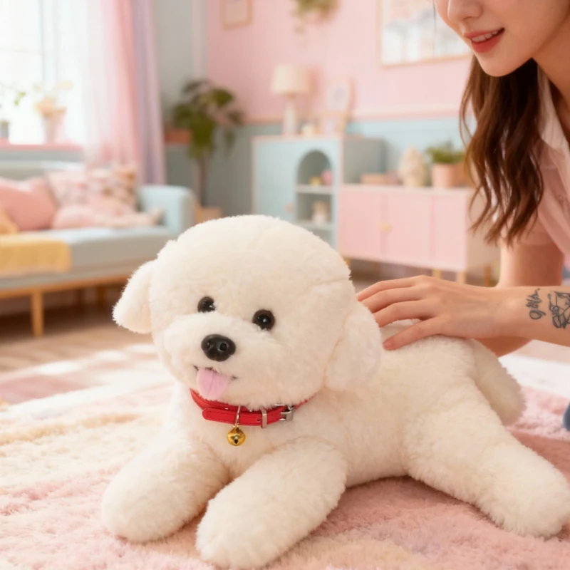 

New Lying Bichon Frise Dog Plush Toy Lifelike Collared Pet Dog Doll Cute Realistic Puppy Stuffed Toy Christmas Decorations Gifts