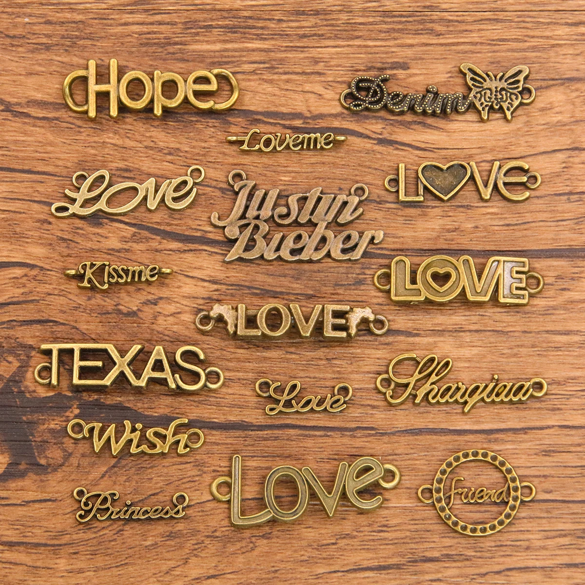 20PCS 16 Styles New Mixed Alloy Bronze Hollow Heart English letters Charms For Jewelry Making DIY Handmade Butterfly Connector