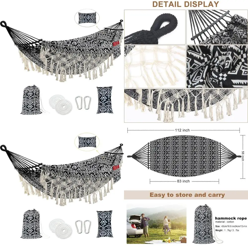 

Двухместный гамак с подушкой, портативной сумкой для переноски, бахромой из макраме, изогнутой перекладиной, боковыми карманами, из поликоттона, выдерживает нагрузку до 204 кг.