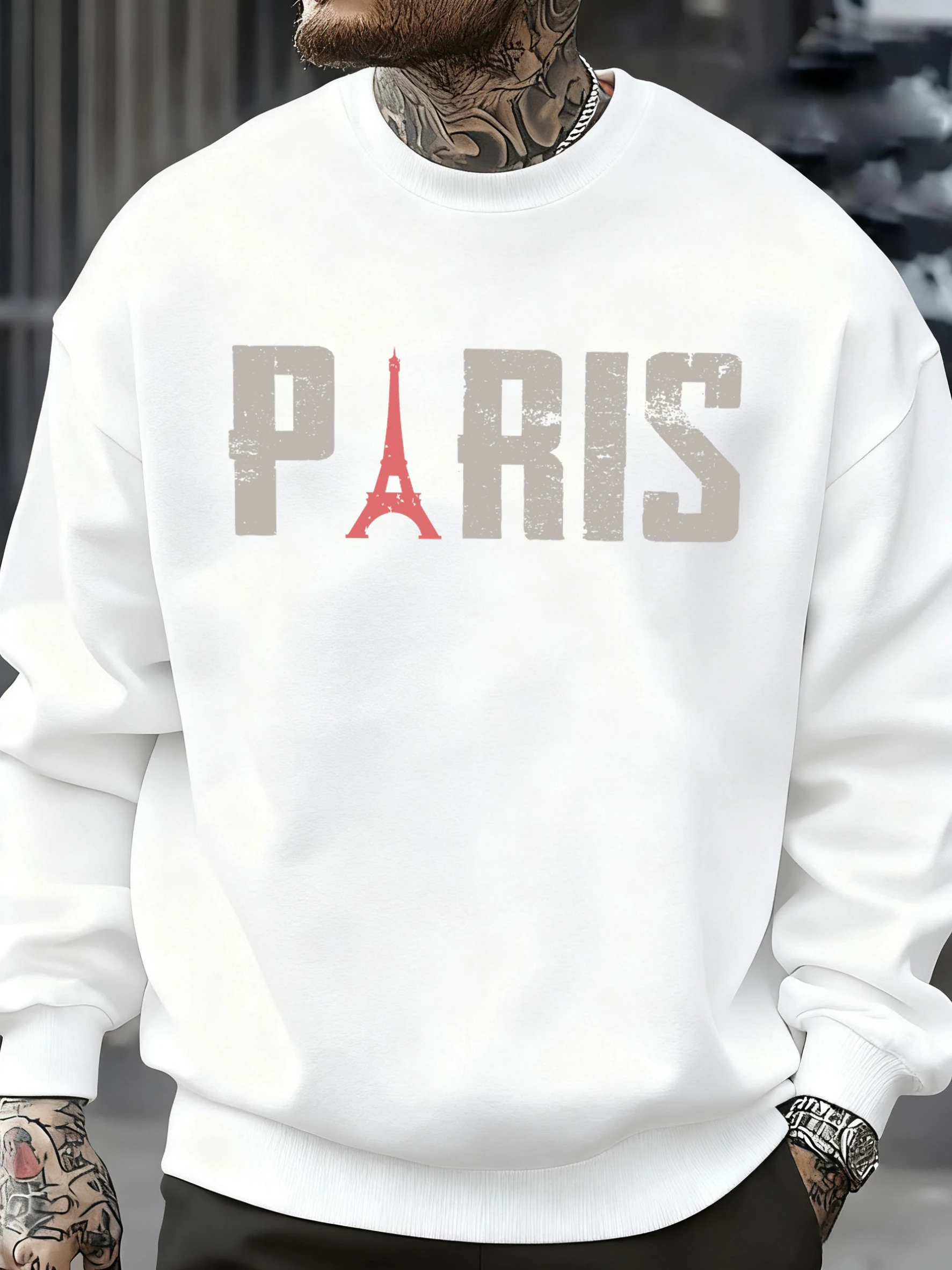 Famous Paris Tower Pattern Sweatshirt Men O-Neck Clothes Autumn Fleece Retro Pullover Loose Unisex Colour Fashion Streetwear
