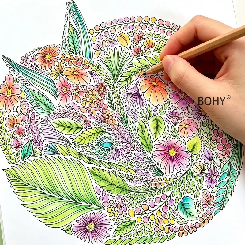 1 Adult Healing Flower, Bird, Insect, Mandala Calming Decompression Coloring Album, 24 Page Square Coloring Illustrations