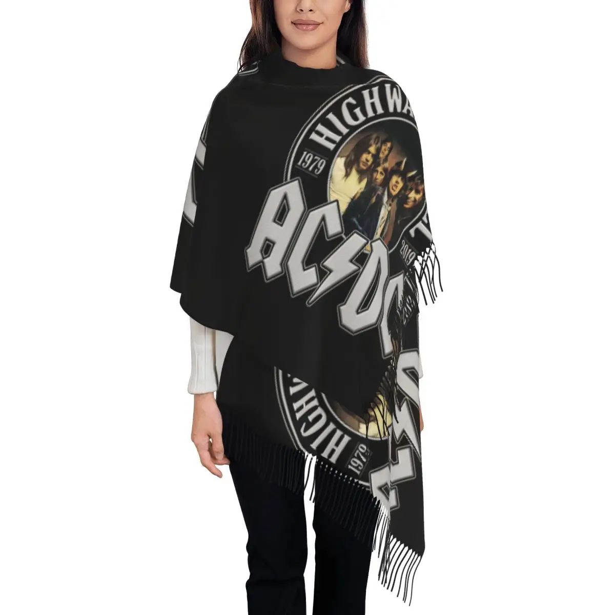 

Женские большие винтажные шарфы в стиле рок AC DC, женские зимне-осенние мягкие теплые шаль с кисточками, шарф в стиле хэви-метал, музыкальная группа
