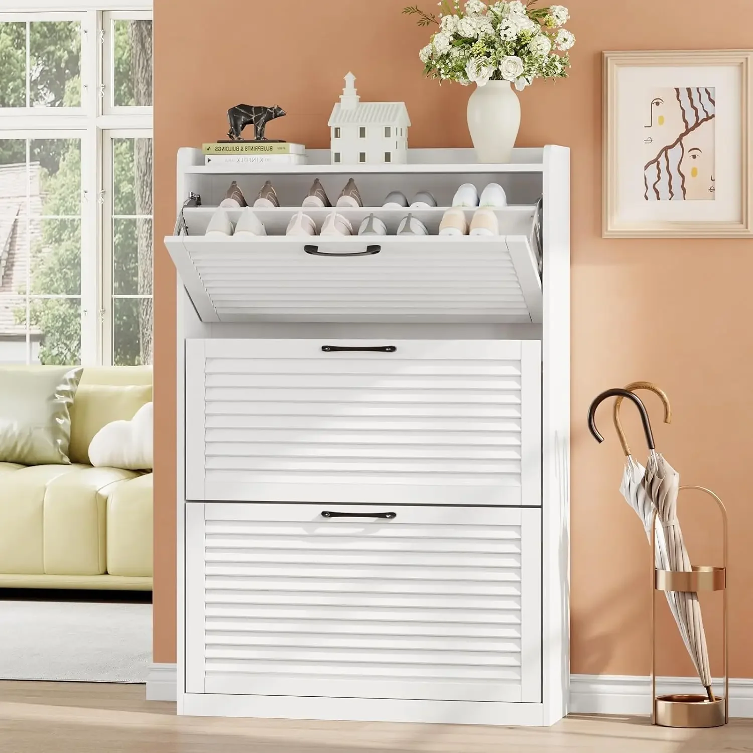 Shoe Storage Cabinet with 3 Flip Louvered Doors, Freestanding Organizer with Metal Hinges, Shoe Cabinet for Entryway