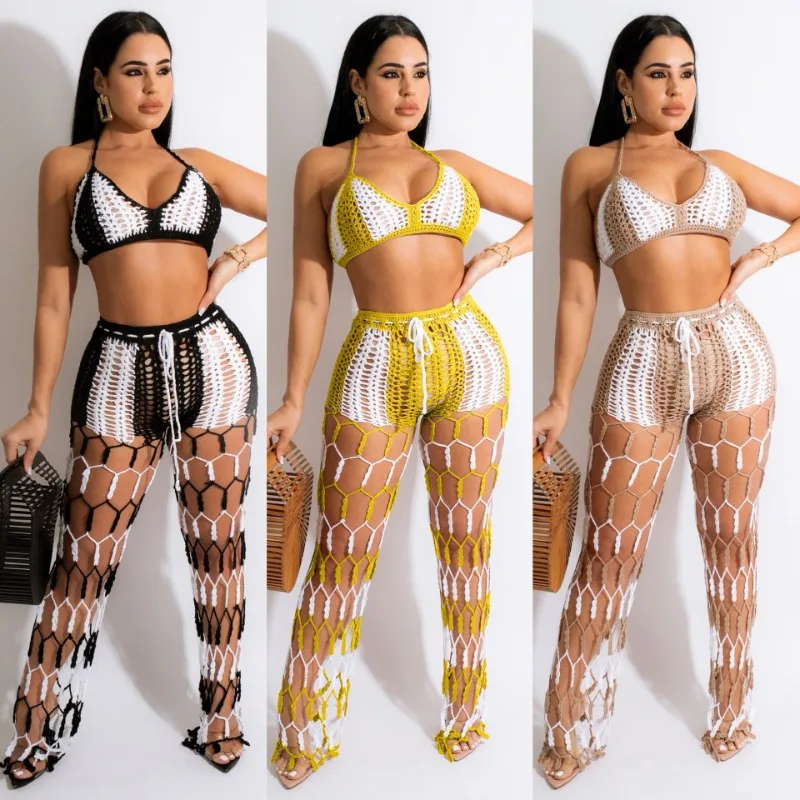 

Color Patchwork Hand Crocheet Knit Two Piece Set Women Sexy Bandage Bra Tops Hollow Out Pants Summer Holiday Beach Outfits Suit