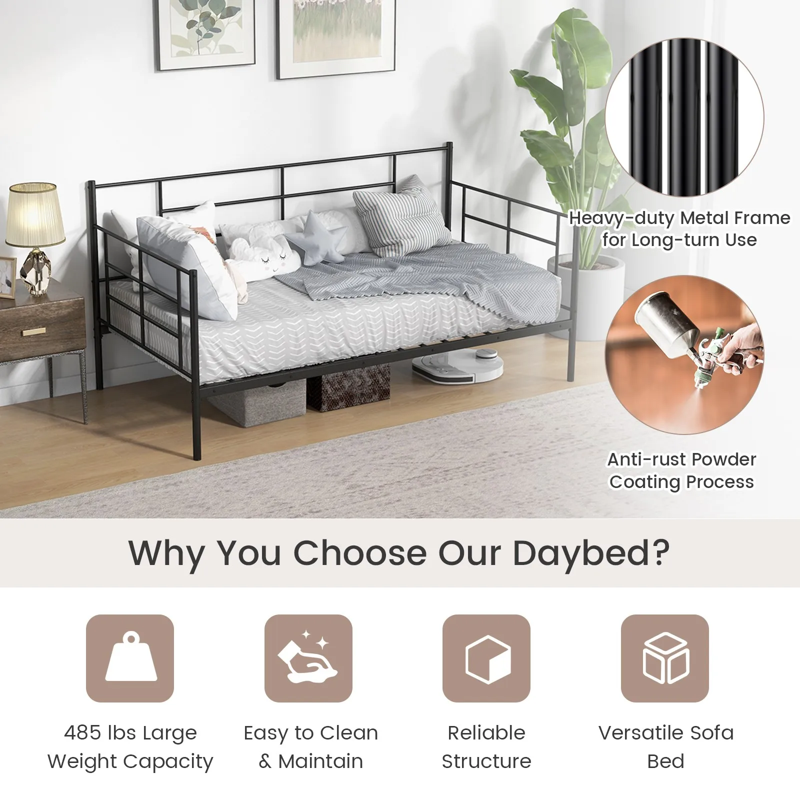 ツインサイズメタルデイベッドフレーム、頑丈なメタルスラットサポートプラットフォームソファベッド