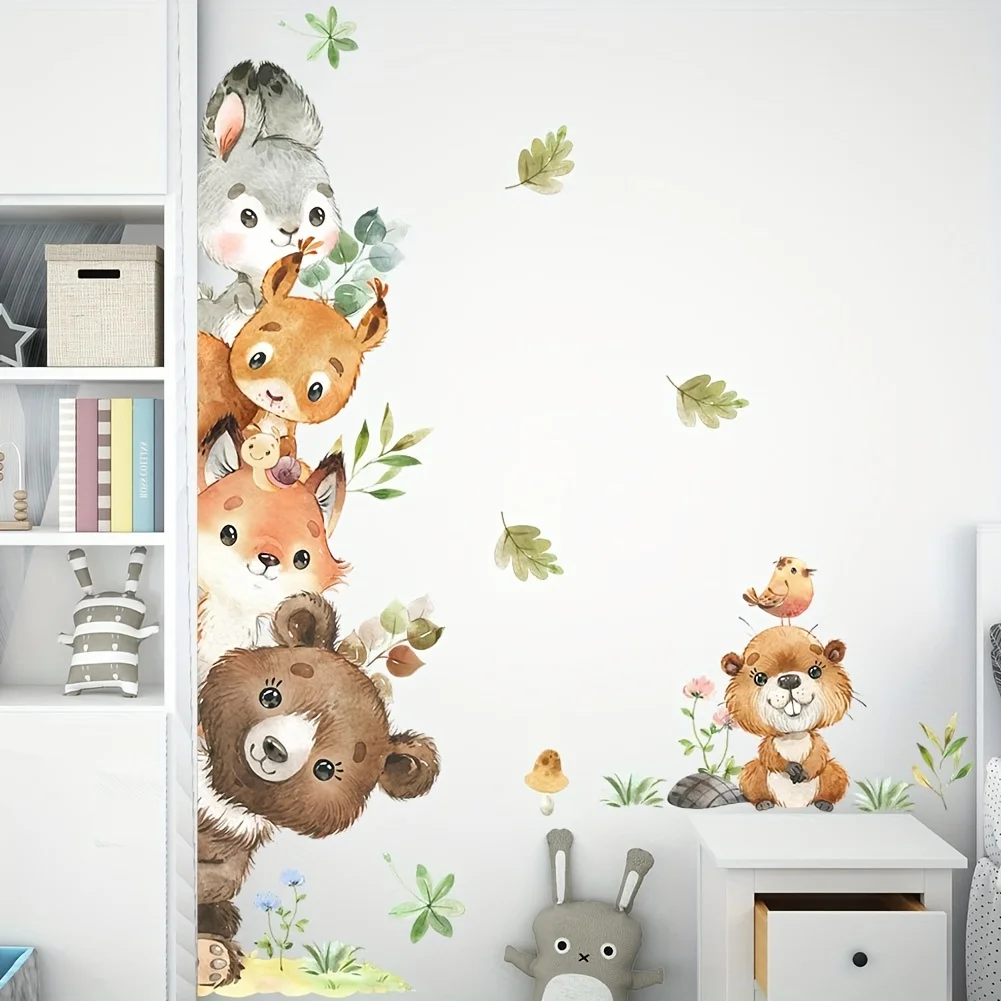 2D plane, 1 cartoon bear forest animal room decorative door stickers bedroom living room decorative wallpaper self-adhesive remo