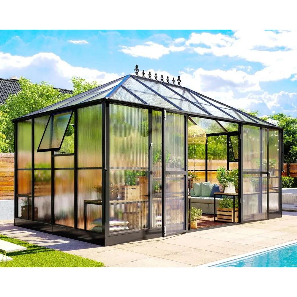 14x9.5x9 FT Polycarbonate Greenhouse- 6 FT Wall Height Outdoor Aluminum Greenhouses with 2 Ventilation and Rain Gutter