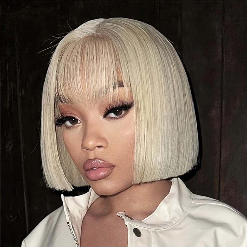 شقراء شعر طبيعي مفرود بوب شعر مستعار مع الانفجارات البرازيلي شعر ريمي 180% الكثافة كامل آلة صنع شعر مستعار للنساء بوب شعر مستعار 613 اللون #4