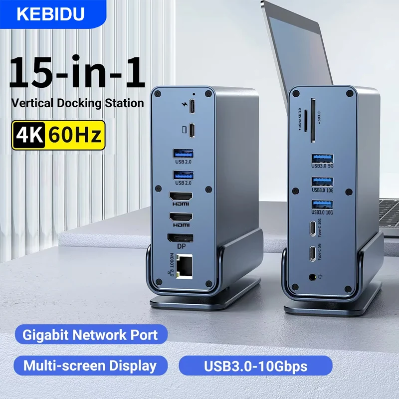 Station d'accueil USB-C KEBIDU 15 en 1, 4K@60Hz, Hub HDMI USB A, RJ45, SD, TF, adaptateur audio 3,5 mm pour ordinateur portable PC