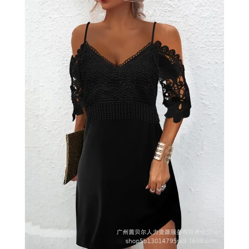 

Summer New 2023 Sexy Dress Women Lace Sleeveless Stitching Dress Women's Solid Color Printing V-neck Spaghetti Strap Mini Dress