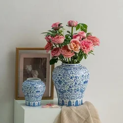 Blue and White Pottery Vase Vintage Dining Table Office Home Decoration Living Room Decoration Ornaments Flower Ware