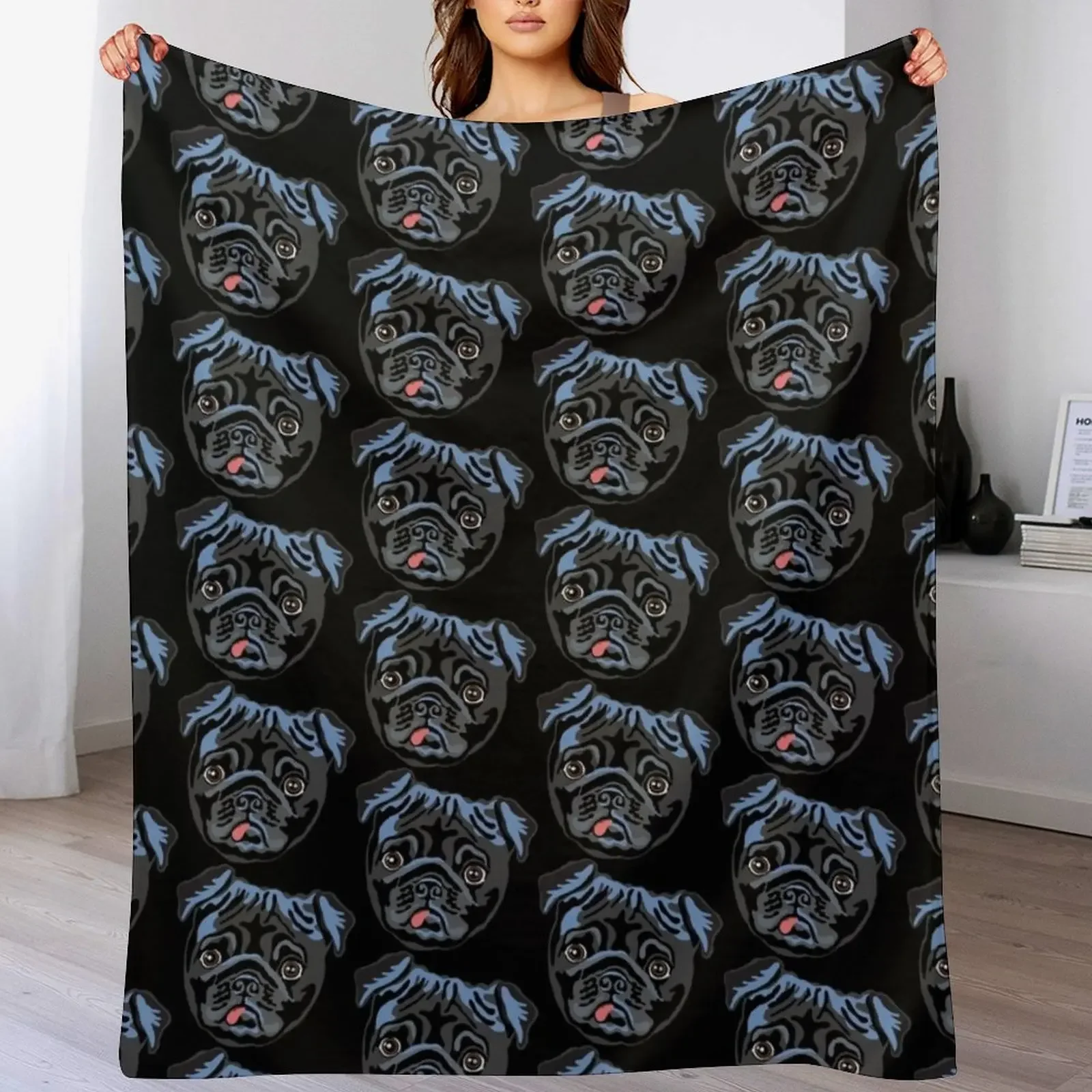 

Black pug Throw Blanket Custom Sofa Quilt Soft Big Soft Plush Plaid Blankets