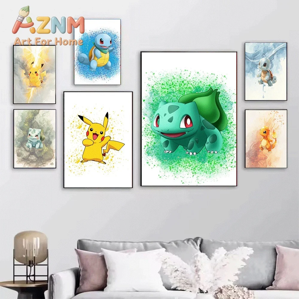 2D Flat Posters & Prints,Bulbasaur Splatter Ink Canvas Wall Art,2D Flat Frameless Anime Monster Print,Home Decor for Kids Bedr