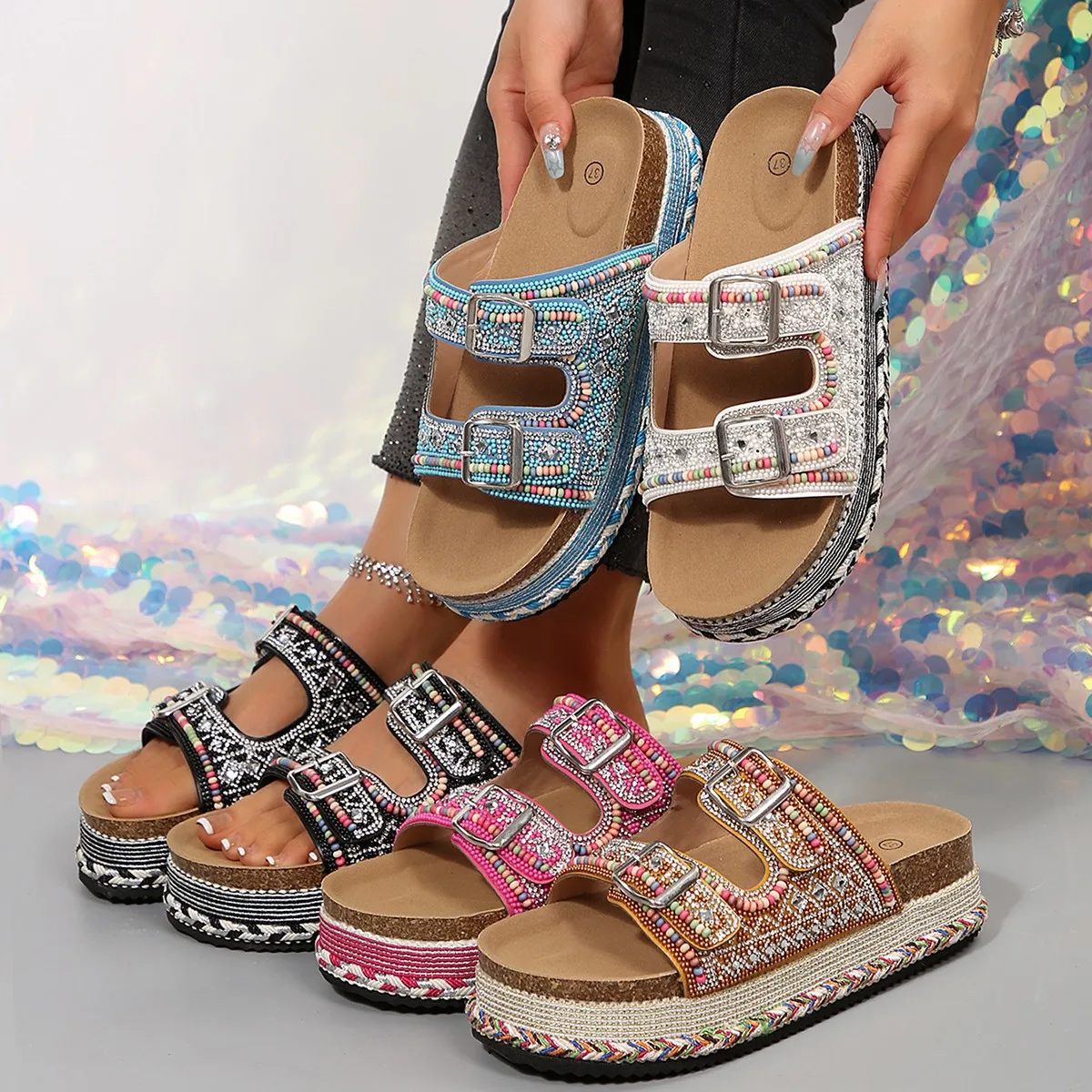Shoes for Women New Style Platform Slippers Color Block Women Slippers Double Buckle Large Size Women Sandals Zapatos De Mujer