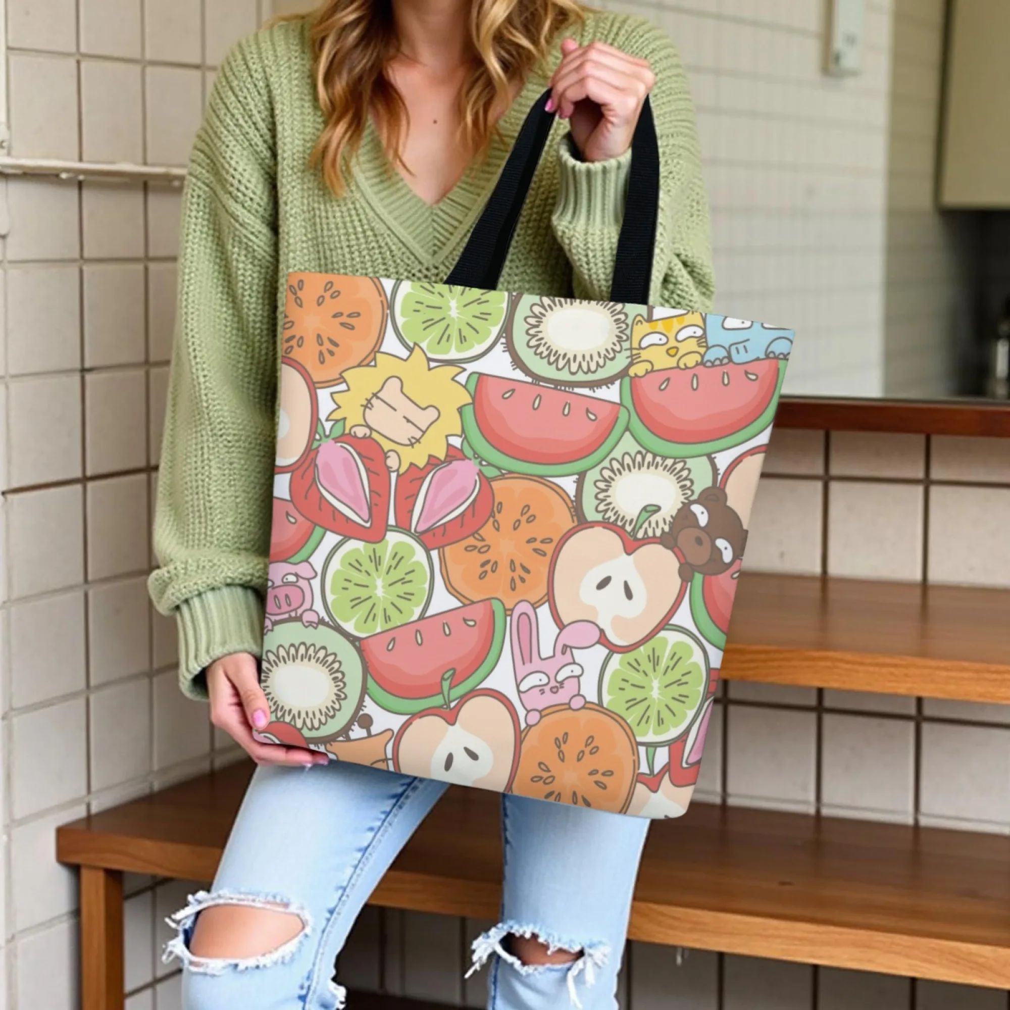 Cartoon Fruit Canvas Tote Bag Kawaii Illustration Shoulder Bag for Women Large Capacity Reusable Shopping Ideal for Daily Use