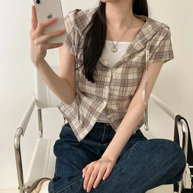 Navy Plaid Hooded Sleeveless Drawstring Crop Shirt Women Button Front Slim Short Checkered Top
