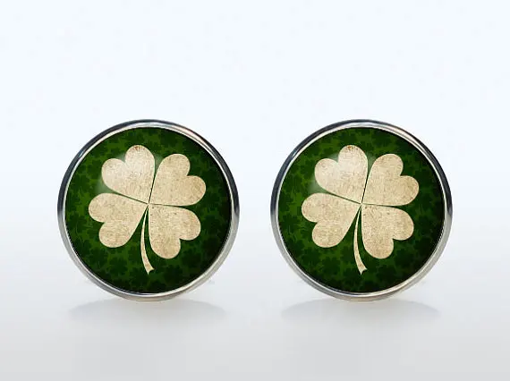 Irish Luck Mans Groom Wedding Cuff  Four Leaf Clover Vintage Sleeve Button Shirt Cufflinks Brand Fashion Glass Dome Gift