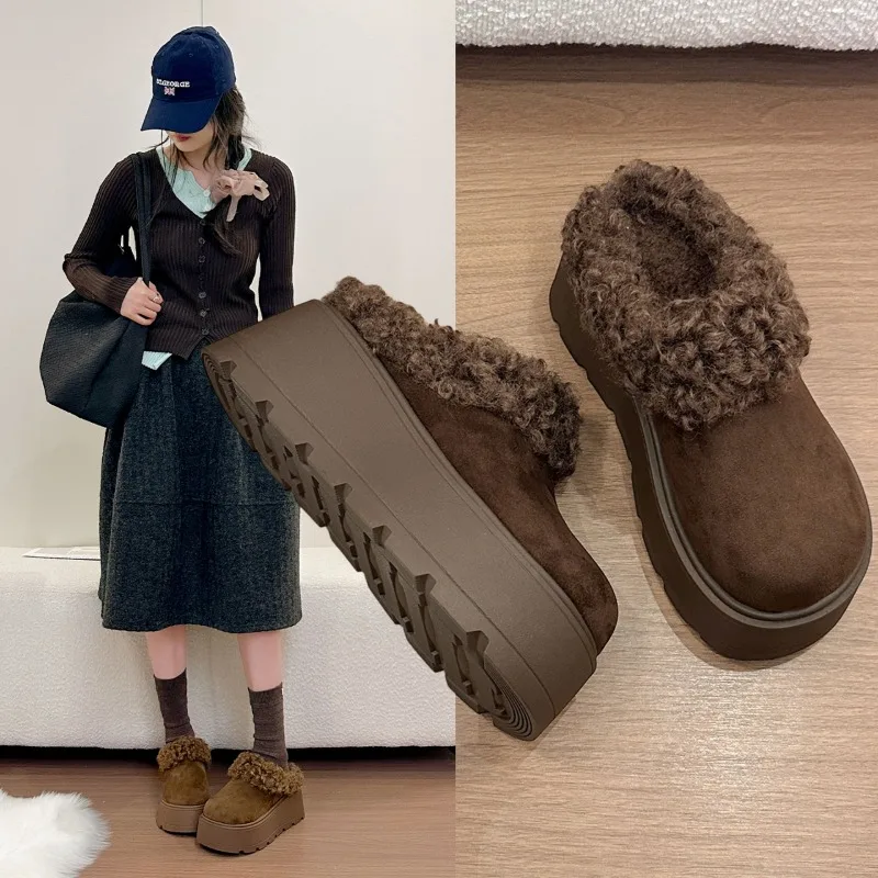 Women Fuzzy Lined Mule Slippers, Curly Faux Fur Collar Platform Slip‑on Shoes, Suede Look Warm Winter Indoor Outdoor Footwear